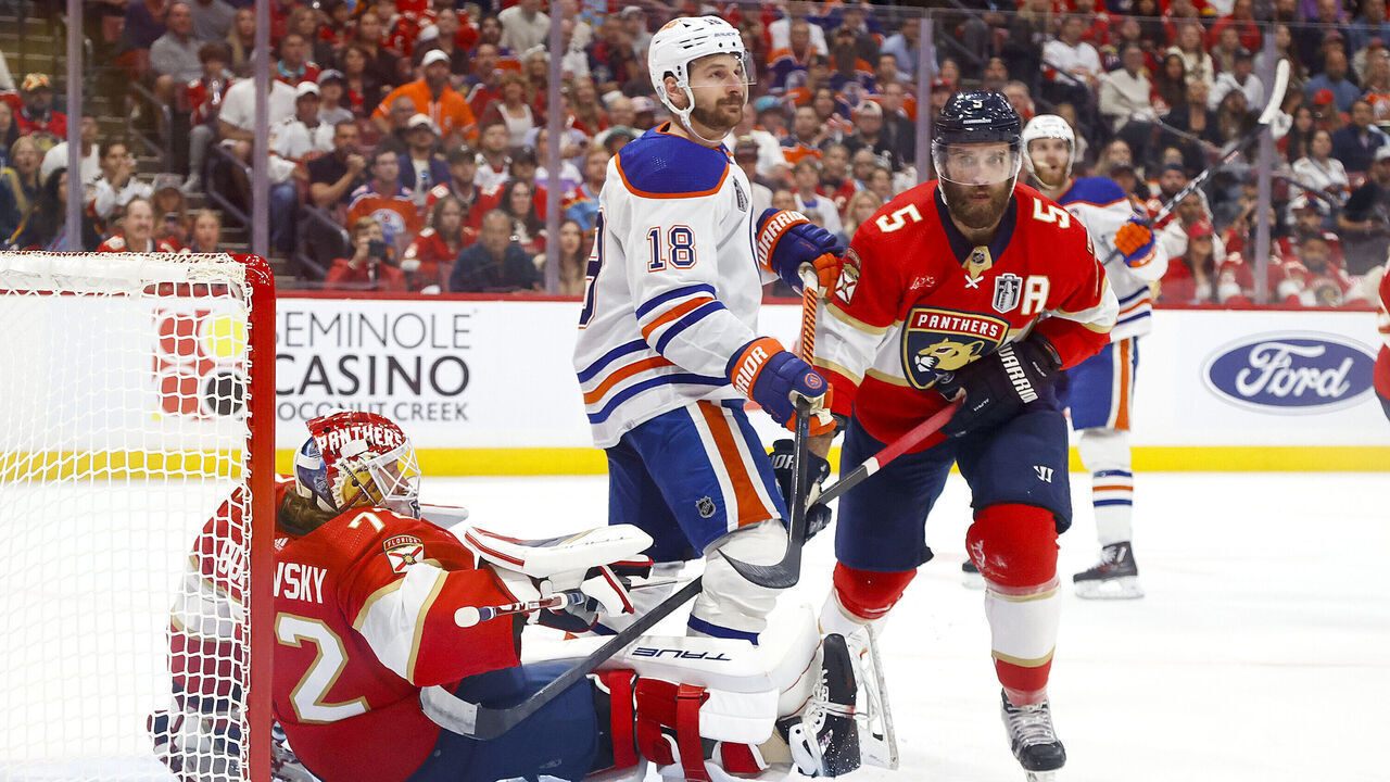 SUNRISE, FL - JUNE 10: Goaltender Sergei Bobrovsky #72 of the Florida Panthers goes to the ice after making contact with the stick of Zach Hyman #18xx of the Edmonton Oilers in Game Two of the Final of the 2024 Stanley Cup Playoffs at the Amerant Bank Arena on June 10, 2024 in Sunrise, Florida.