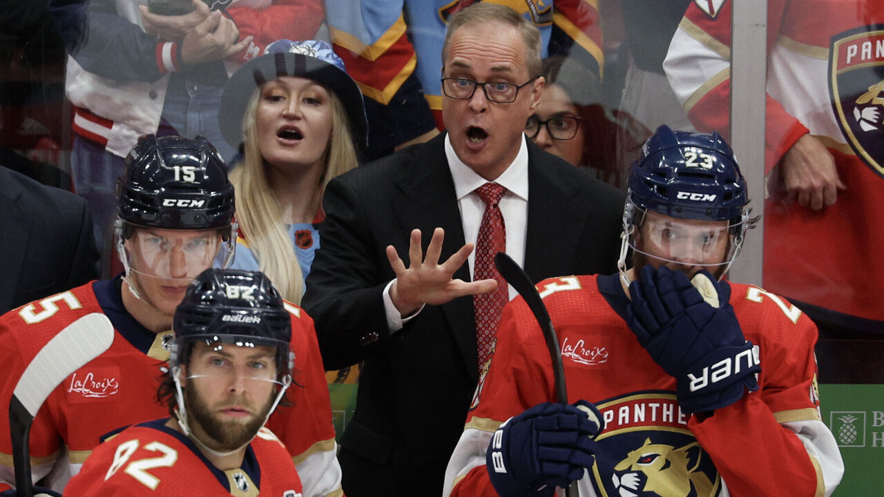SUNRISE, FLORIDA - JUNE 10: Head coach Paul Maurice of the Florida Panthers gestures during the third period against the Edmonton Oilers in Game Two of the 2024 Stanley Cup Final at Amerant Bank Arena on June 10, 2024 in Sunrise, Florida.