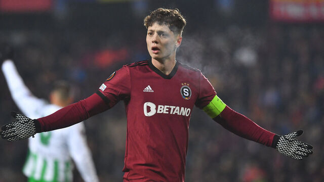 Sparta Praha's Czech midfielder #37 Ladislav Krejci reacts during the UEFA Europa League Group C football match between Sparta Praha and Real Betis in Prague, on November 30, 2023.