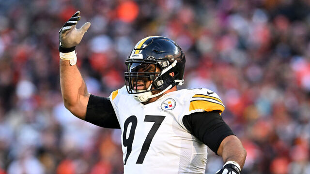 CLEVELAND, OHIO - NOVEMBER 19: Cameron Heyward #97 of the Pittsburgh Steelers looks on during the second half against the Cleveland Browns at Cleveland Browns Stadium on November 19, 2023 in Cleveland, Ohio.