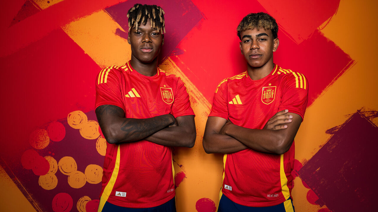 DONAUESCHINGEN, GERMANY - JUNE 10: Nico Williams and Lamine Yamal of Spain poses for a portrait during the Spain Portrait session ahead of the UEFA EURO 2024 Germany on June 10, 2024 in Donaueschingen, Germany.