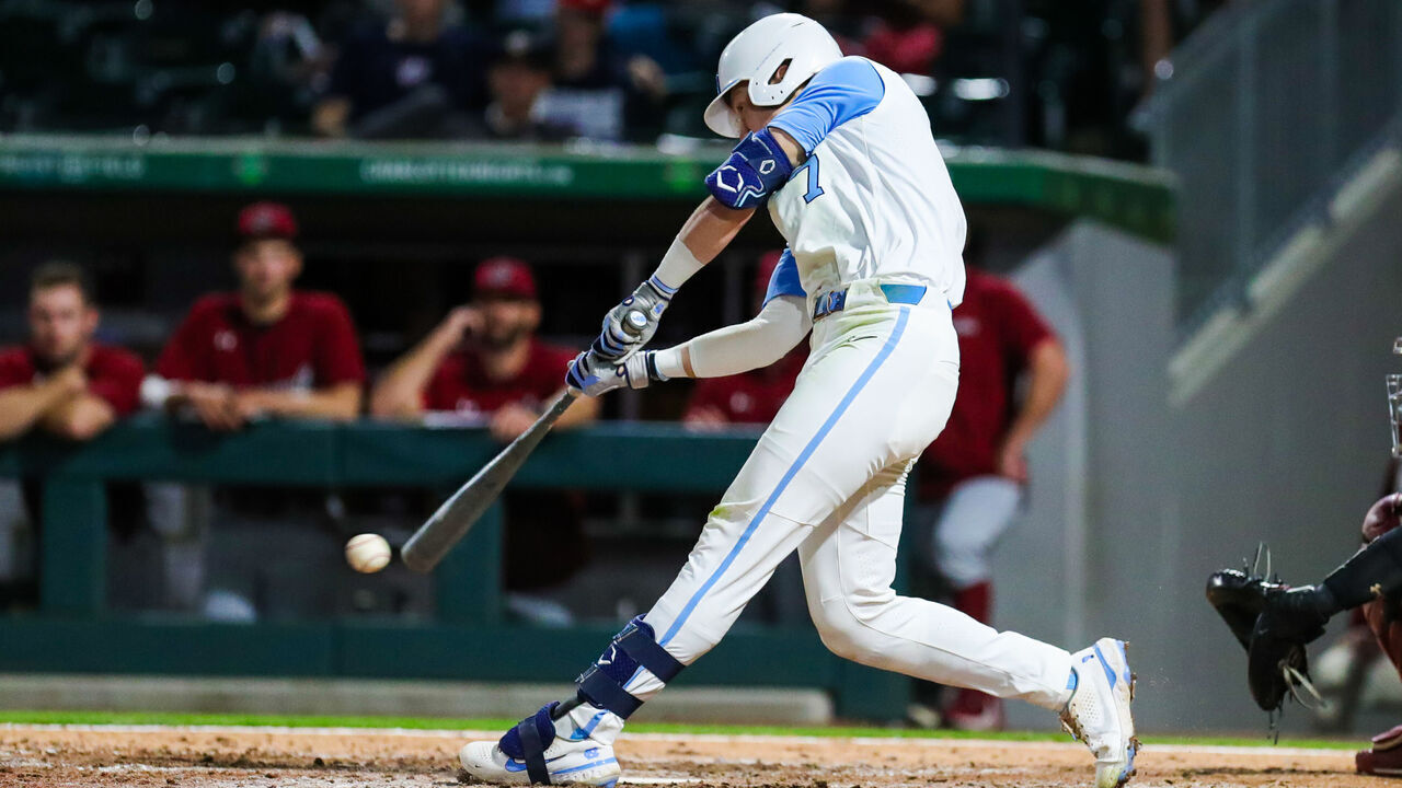CHARLOTTE, NC - APRIL 06: Vance Honeycutt (7) of the North Carolina Tar Heels swings at a pitch during a baseball game between the North Carolina Tar Heels and the South Carolina Gamecocks on April 6, 2022 at Truist Field in Charlotte, NC.