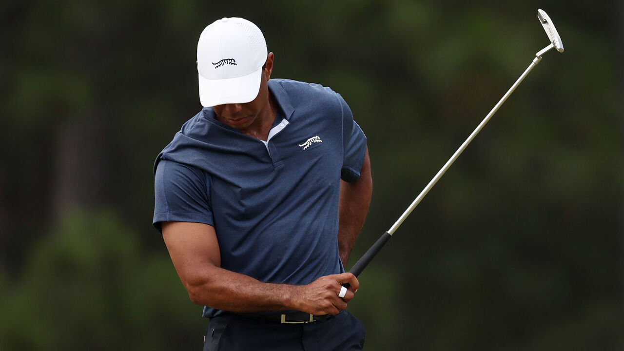 PINEHURST, NORTH CAROLINA - JUNE 14: Tiger Woods of the United States reacts during the second round of the 124th U.S. Open at Pinehurst Resort on June 14, 2024 in Pinehurst, North Carolina.