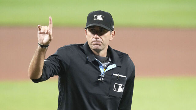 BALTIMORE, MARYLAND - JUNE 23: Umpire Pat Hoberg looks on during a baseball game between the Seattle Mariners and the Baltimore Orioles at Oriole Park at Camden Yards on June 23, 2023 in Baltimore, Maryland.
