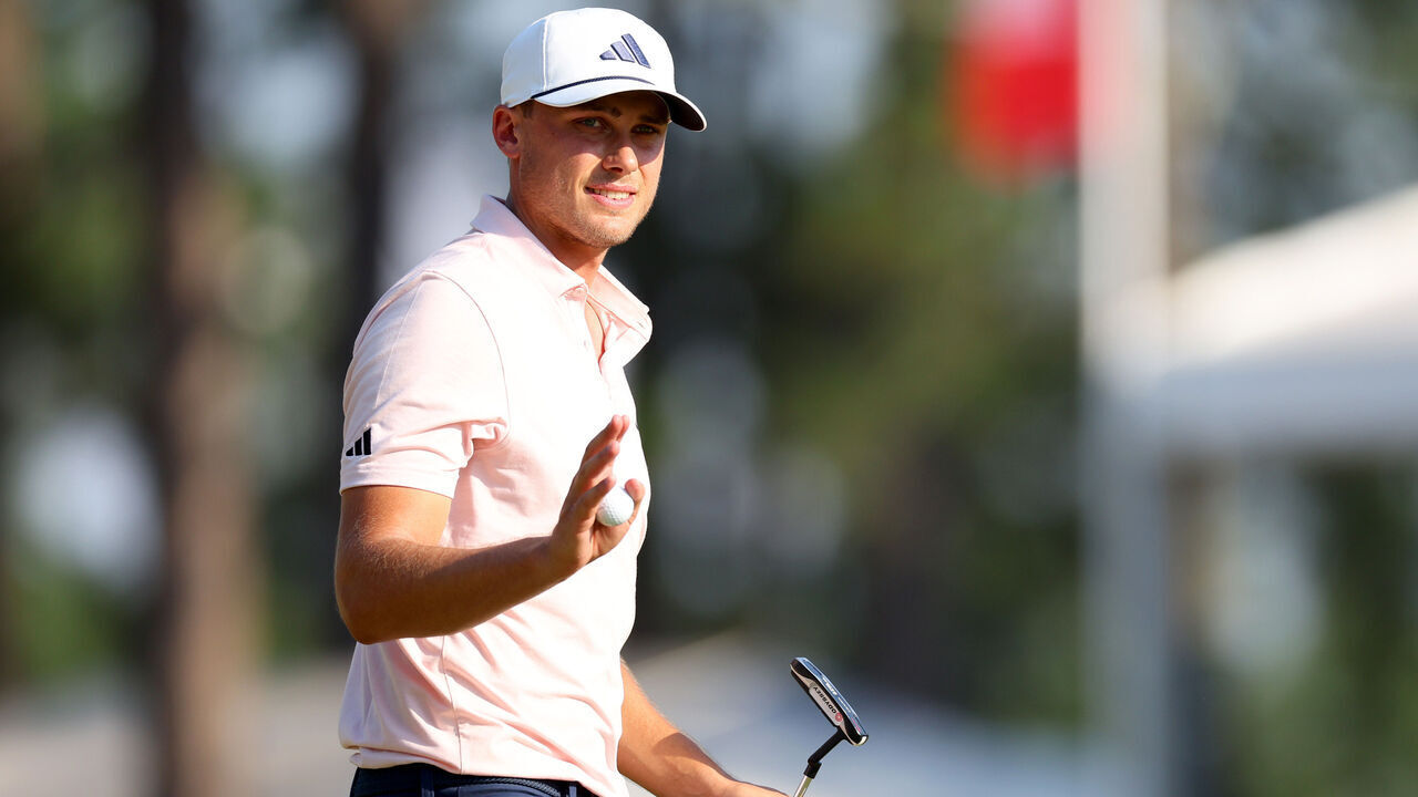 PINEHURST, NORTH CAROLINA - JUNE 14: Ludvig Aberg of Sweden waves during the second round of the 124th U.S. Open at Pinehurst Resort on June 14, 2024 in Pinehurst, North Carolina.