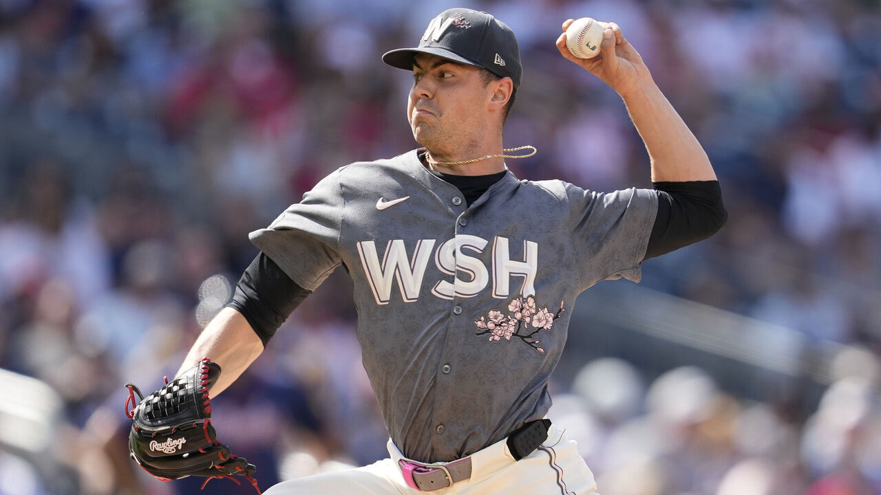 WASHINGTON, DC - JUNE 08: MacKenzie Gore #1 of the Washington Nationals pitches in the first inning during a baseball game against the Atlanta Braves at Nationals Park on June 8, 2024 in Washington, DC.