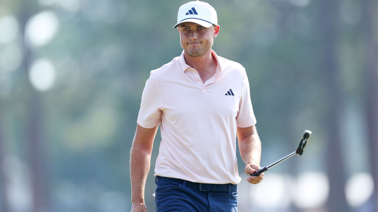 PINEHURST, NORTH CAROLINA - JUNE 14: Ludvig Aberg of Sweden reacts on the 12th green during the second round of the 124th U.S. Open at Pinehurst Resort on June 14, 2024 in Pinehurst, North Carolina.