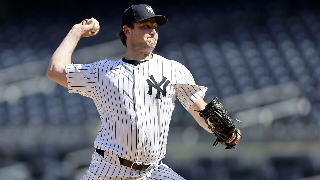 NEW YORK, NEW YORK - MAY 21: Gerrit Cole #45 of the New York Yankees throws from the mound before a game against the Seattle Mariners at Yankee Stadium on May 21, 2024 in New York City. The Mariners defeated the Yankees 6-3.