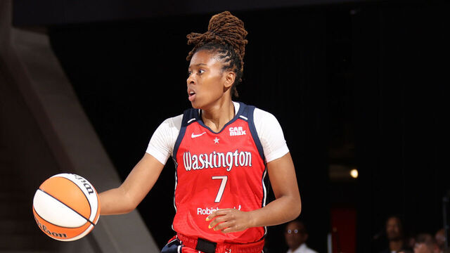WASHINGTON, DC - JUNE 14: Ariel Atkins #7 of the Washington Mystics handles the ball during the game against the Chicago Sky on June 14, 2024 at Capital One Arena in Washington, DC. Mandatory Copyright Notice: Copyright 2024 NBAE