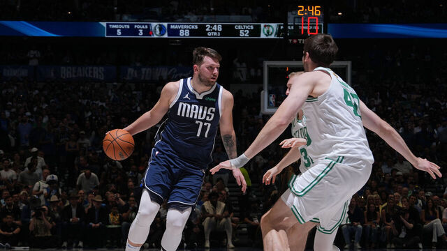 DALLAS, TX - JUNE 14: Luka Doncic #77 of the Dallas Mavericks dribbles the ball during the game against the Boston Celtics during Game 4 of the 2024 NBA Finals on June 14, 2024 at the American Airlines Center in Dallas, Texas. Mandatory Copyright Notice: Copyright 2024 NBAE