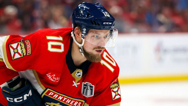 SUNRISE, FL - JUNE 10: Vladimir Tarasenko #10 of the Florida Panthers prepares for a face-off against the Edmonton Oilers in Game Two of the Final of the 2024 Stanley Cup Playoffs at the Amerant Bank Arena on June 10, 2024 in Sunrise, Florida.