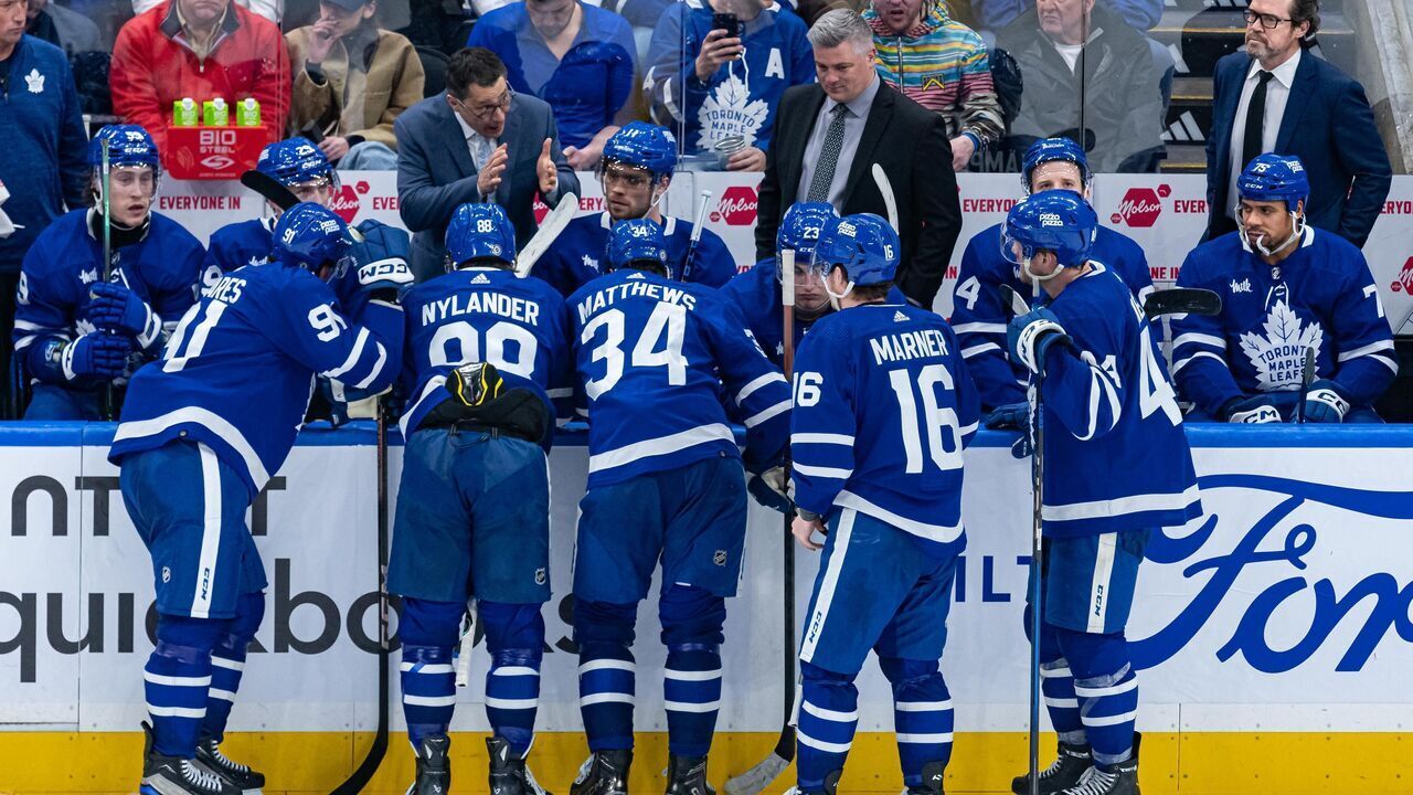 TORONTO, ON - APRIL 13: Toronto Maple Leafs Assistant Coach Guy Boucher gives instructions during a timeout of the NHL regular season game between the Detroit Red Wings and the Toronto Maple Leafs on April 13, 2024, at Scotiabank Arena in Toronto, ON, Canada.
