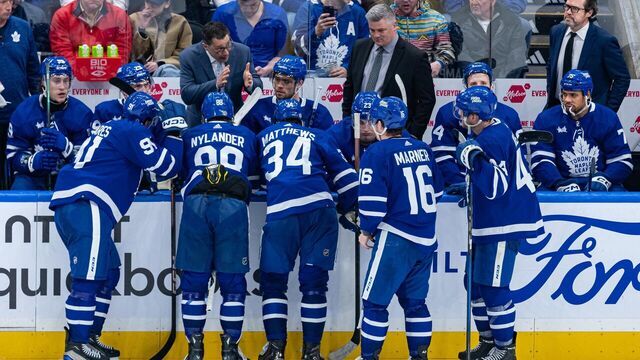 TORONTO, ON - APRIL 13: Toronto Maple Leafs Assistant Coach Guy Boucher gives instructions during a timeout of the NHL regular season game between the Detroit Red Wings and the Toronto Maple Leafs on April 13, 2024, at Scotiabank Arena in Toronto, ON, Canada.