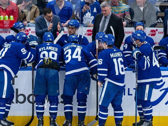 TORONTO, ON - APRIL 13: Toronto Maple Leafs Assistant Coach Guy Boucher gives instructions during a timeout of the NHL regular season game between the Detroit Red Wings and the Toronto Maple Leafs on April 13, 2024, at Scotiabank Arena in Toronto, ON, Canada.