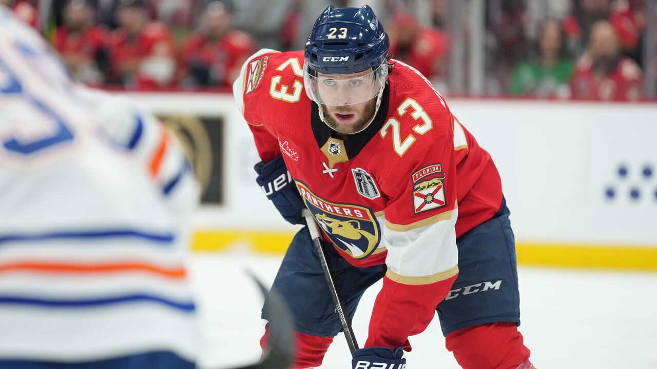 SUNRISE, FL - JUNE 10: Florida Panthers center Carter Verhaeghe (23) waits for face-off in the third period during game two of the Stanley Cup Finals between the Edmonton Oilers and the Florida Panthers on Saturday, June 10, 2024 at Amerant Bank Area in Sunrise, Fla.