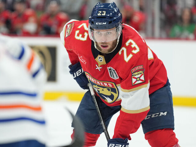 SUNRISE, FL - JUNE 10: Florida Panthers center Carter Verhaeghe (23) waits for face-off in the third period during game two of the Stanley Cup Finals between the Edmonton Oilers and the Florida Panthers on Saturday, June 10, 2024 at Amerant Bank Area in Sunrise, Fla.