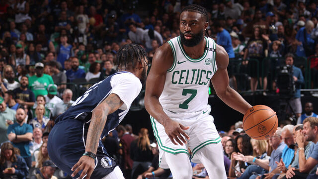 DALLAS, TX - JUNE 14: Jaylen Brown #7 of the Boston Celtics dribbles the ball during the game against the Dallas Mavericks during Game 4 of the 2024 NBA Finals on June 14, 2024 at the American Airlines Center in Dallas, Texas. Mandatory Copyright Notice: Copyright 2024 NBAE