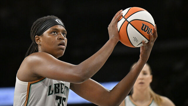 LAS VEGAS, NV - JUNE 15: Jonquel Jones #35 of the New York Liberty shoots a free throw during the game against the Las Vegas Aces on June 15, 2024 at Michelob ULTRA Arena in Las Vegas, Nevada. Mandatory Copyright Notice: Copyright 2024 NBAE