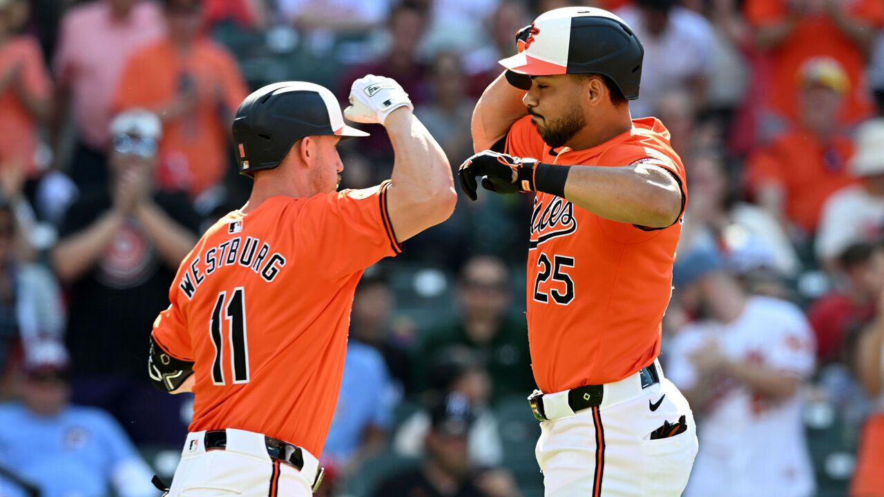BALTIMORE, MARYLAND - JUNE 15: Anthony Santander #25 of the Baltimore Orioles celebrates with Jordan Westburg #11 after hitting a home run in the fourth inning against the Philadelphia Phillies at Oriole Park at Camden Yards on June 15, 2024 in Baltimore, Maryland.
