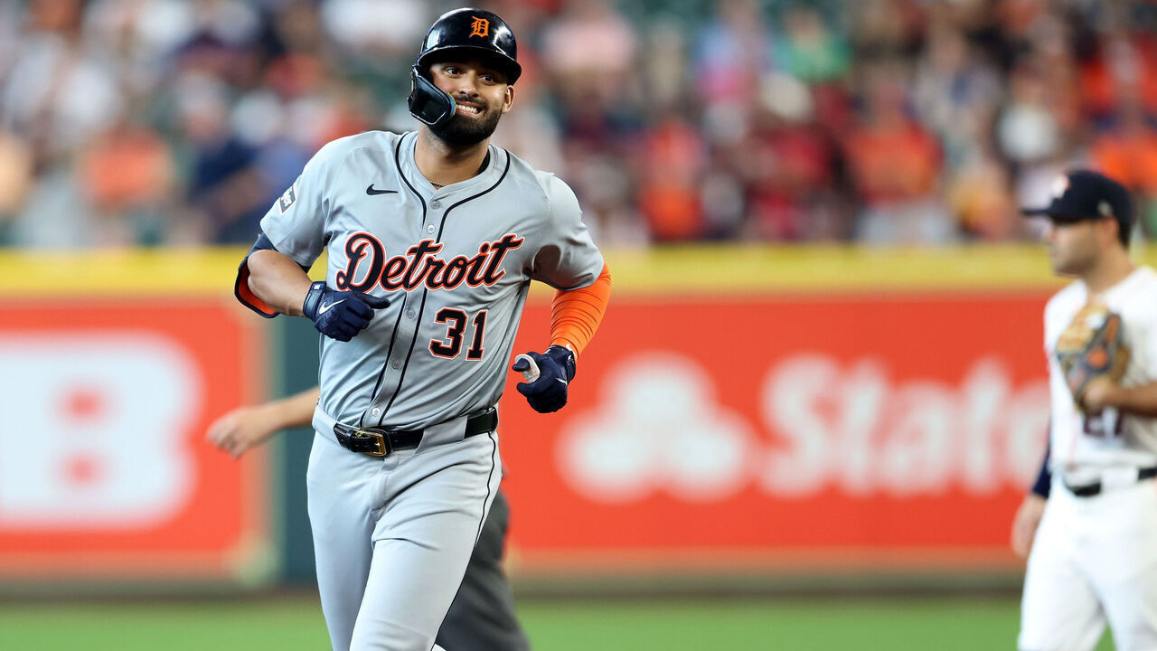 HOUSTON, TEXAS - JUNE 15: Riley Greene #31 of the Detroit Tigers rounds the bases after a home run in the first inning against the Houston Astros at Minute Maid Park on June 15, 2024 in Houston, Texas.