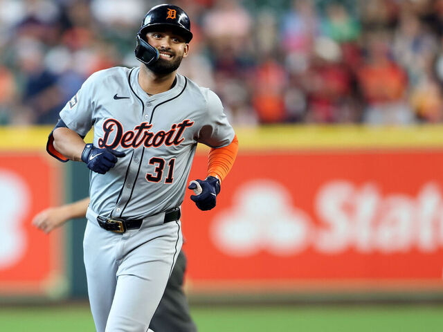 HOUSTON, TEXAS - JUNE 15: Riley Greene #31 of the Detroit Tigers rounds the bases after a home run in the first inning against the Houston Astros at Minute Maid Park on June 15, 2024 in Houston, Texas.