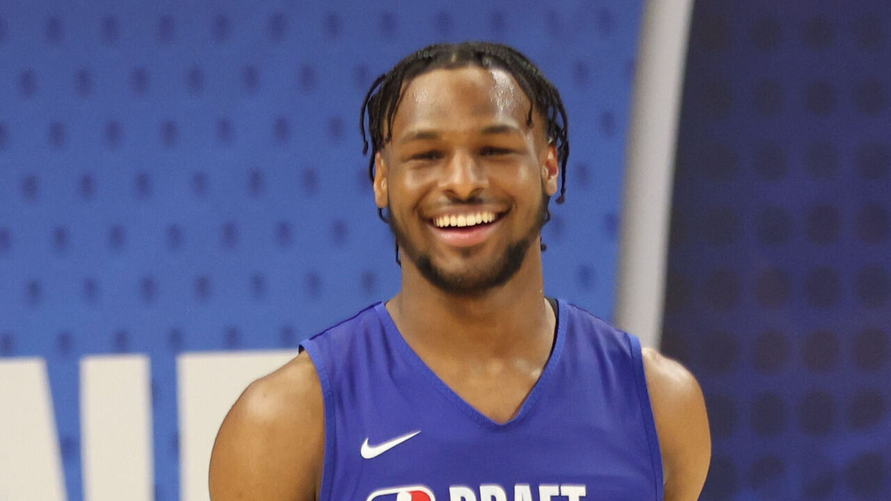 CHICAGO, IL - MAY 13: Bronny James smiles during the 2024 NBA Combine on May 13, 2024 at Wintrust Arena in Chicago, Illinois. Mandatory Copyright Notice: Copyright 2024 NBAE