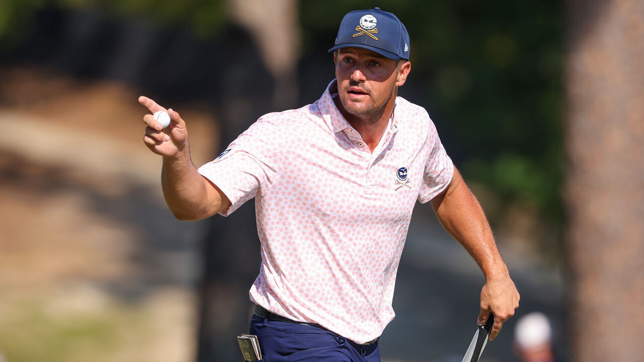 PINEHURST, NORTH CAROLINA - JUNE 15: Bryson DeChambeau of the United States reacts after making a birdie on the fifth hole during the third round of the 124th U.S. Open at Pinehurst Resort on June 15, 2024 in Pinehurst, North Carolina.