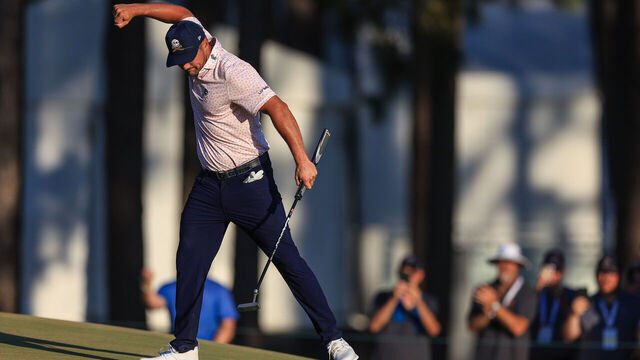PINEHURST, NORTH CAROLINA - JUNE 15: Bryson DeChambeau of the United States reacts after making a birdie on the 14th hole during the third round of the 124th U.S. Open at Pinehurst Resort on June 15, 2024 in Pinehurst, North Carolina.