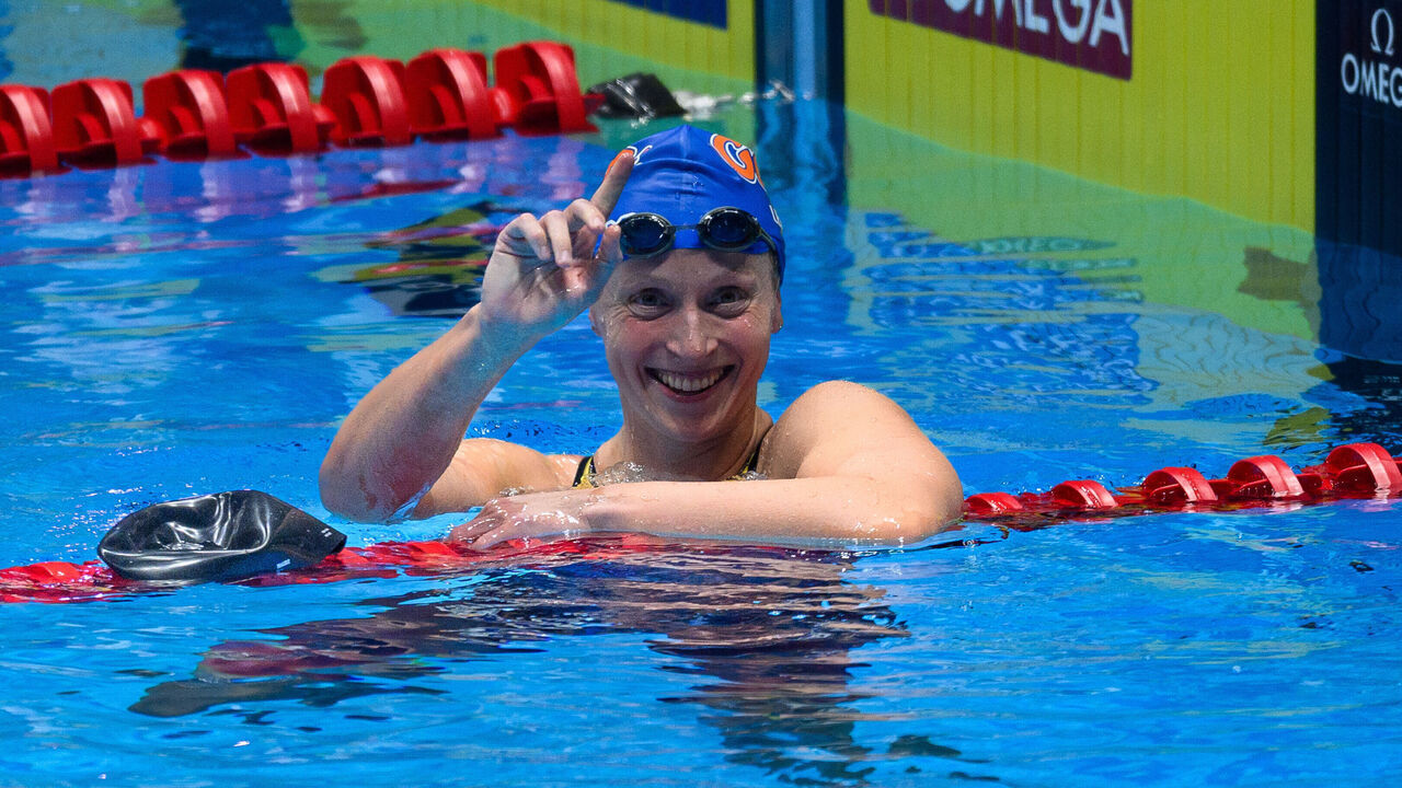 INDIANAPOLIS, IN - JUNE 15: Katie Ledecky celebrates after winning the Women's 400 LC Meter Freestyle during the U.S. Olympic Swimming Team Trials on June 15, 2024 at Lucas Oil Stadium in Indianapolis, IN.