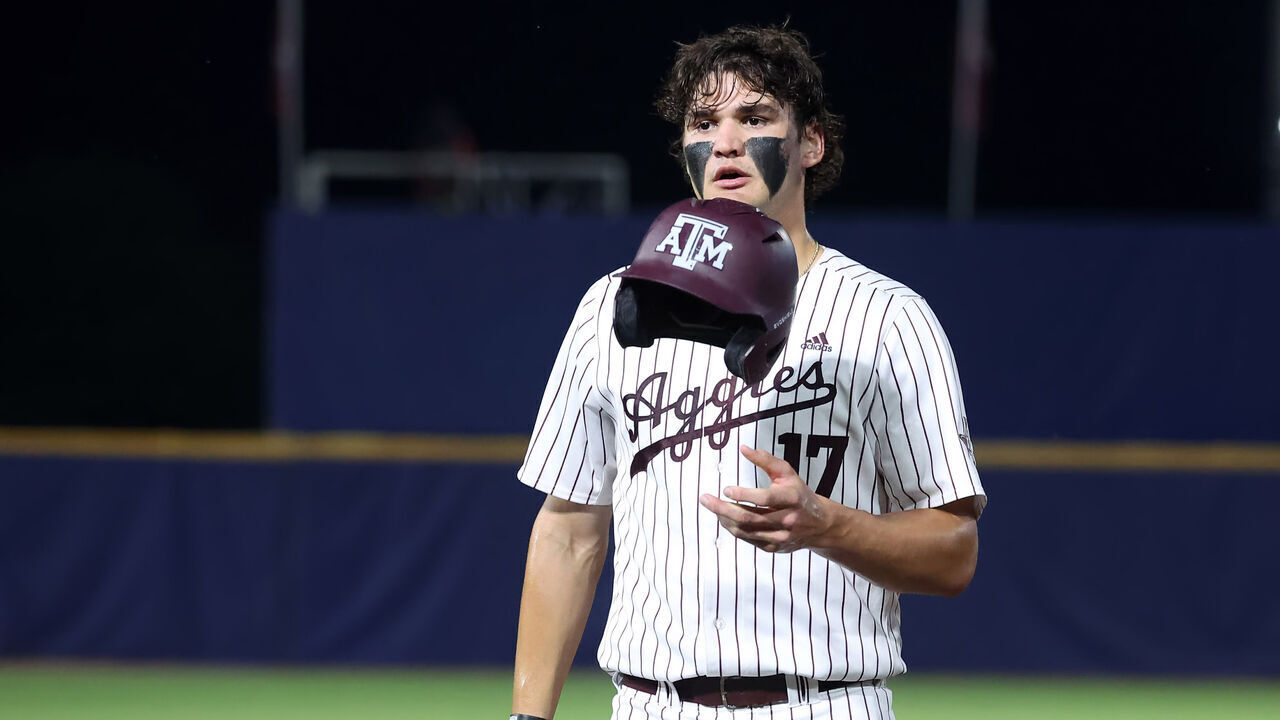 HOOVER, AL - MAY 22: Texas A&M Aggies outfielder Jace Laviolette (17) during the 2024 SEC Baseball Tournament game between the Texas A&M Aggies and the Mississippi State Bulldogs on May 22, 2024 at the Hoover Metropolitan Stadium in Hoover, Alabama.