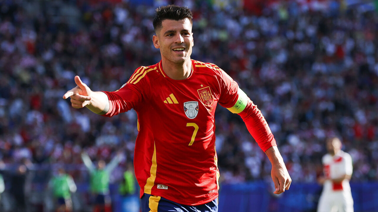 BERLIN, GERMANY - JUNE 15: Alvaro Morata of Spain celebrates after scoring his side's first goal during the UEFA EURO 2024 group stage match between Spain and Croatia at Olympiastadion on June 15, 2024 in Berlin, Germany.
