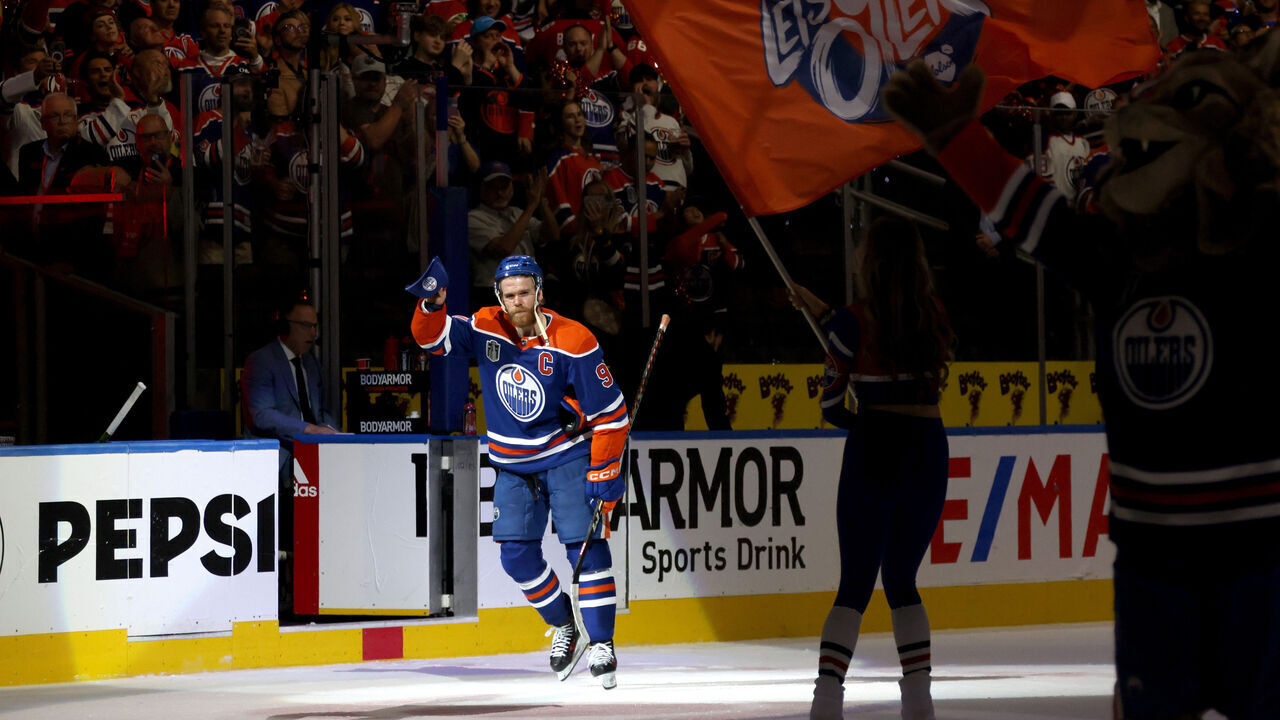 EDMONTON, ALBERTA - JUNE 15: Connor McDavid #97 of the Edmonton Oilers waves to the fans after Game Four of the 2024 Stanley Cup Final between the Florida Panthers and the Edmonton Oilers at Rogers Place on June 15, 2024 in Edmonton, Alberta.