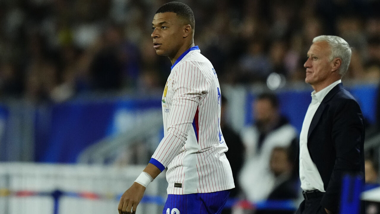 Kylian Mbappe centre-forward of France and Real Madrid and Didier Deschamps head coach of France during the friendly match between France and Canada at Nouveau Stade Bordeaux on June 9, 2024 in Bordeaux, France.