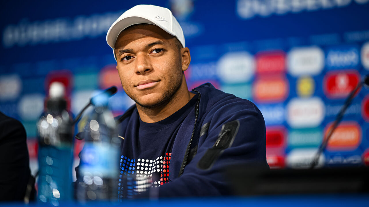 DUSSELDORF, GERMANY - JUNE 16: Kylian Mbappe of France during the press conference at Düsseldorf Arena on June 16, 2024 in Dusseldorf, Germany.