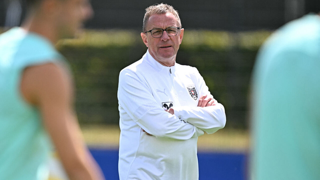 Austria's German coach Ralf Rangnick supervises a training session at the Amateur Stadion in Berlin on June 13, 2024, ahead of the UEFA Euro 2024 football Championship.