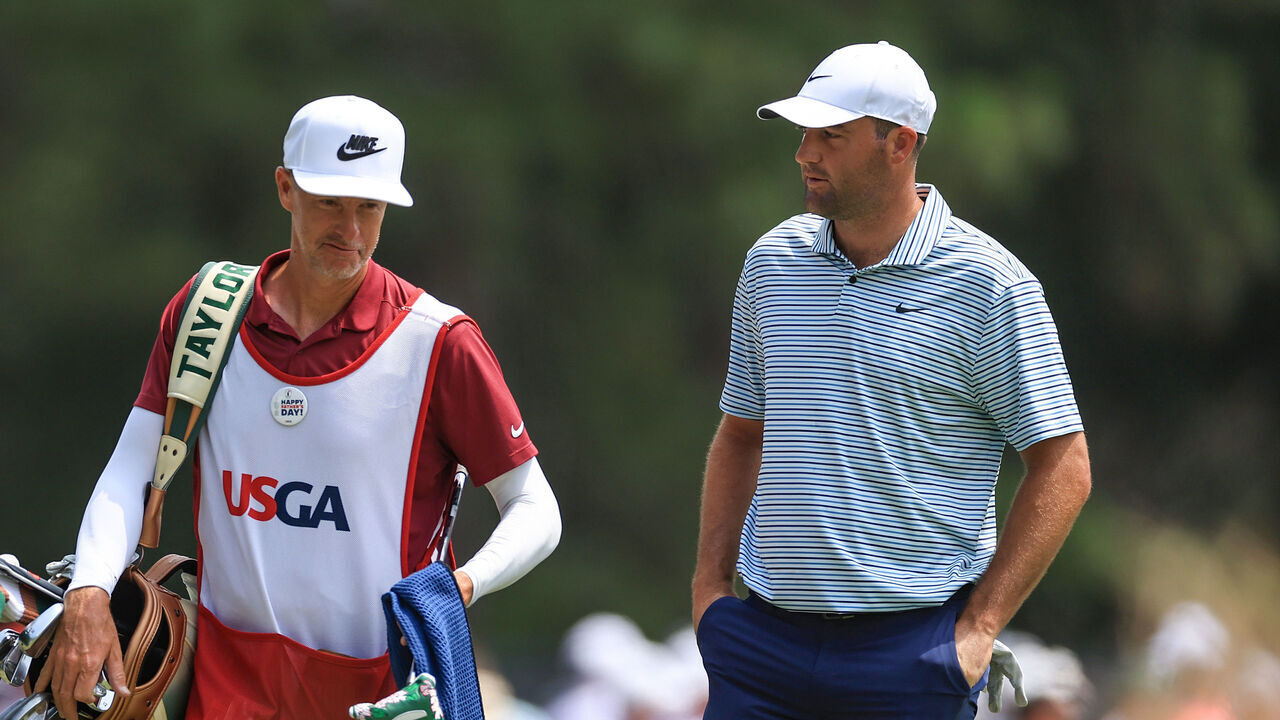 PINEHURST, NORTH CAROLINA - JUNE 16: Tom McKibbin of Northern Ireland and his playing partner Scottie Scheffler of The United States wait to play on the seventh hole during the final round of the 2024 U.S. Open Championship on the No.2 Course at The Pinehurst Resort on June 16, 2024 in Pinehurst, North Carolina.