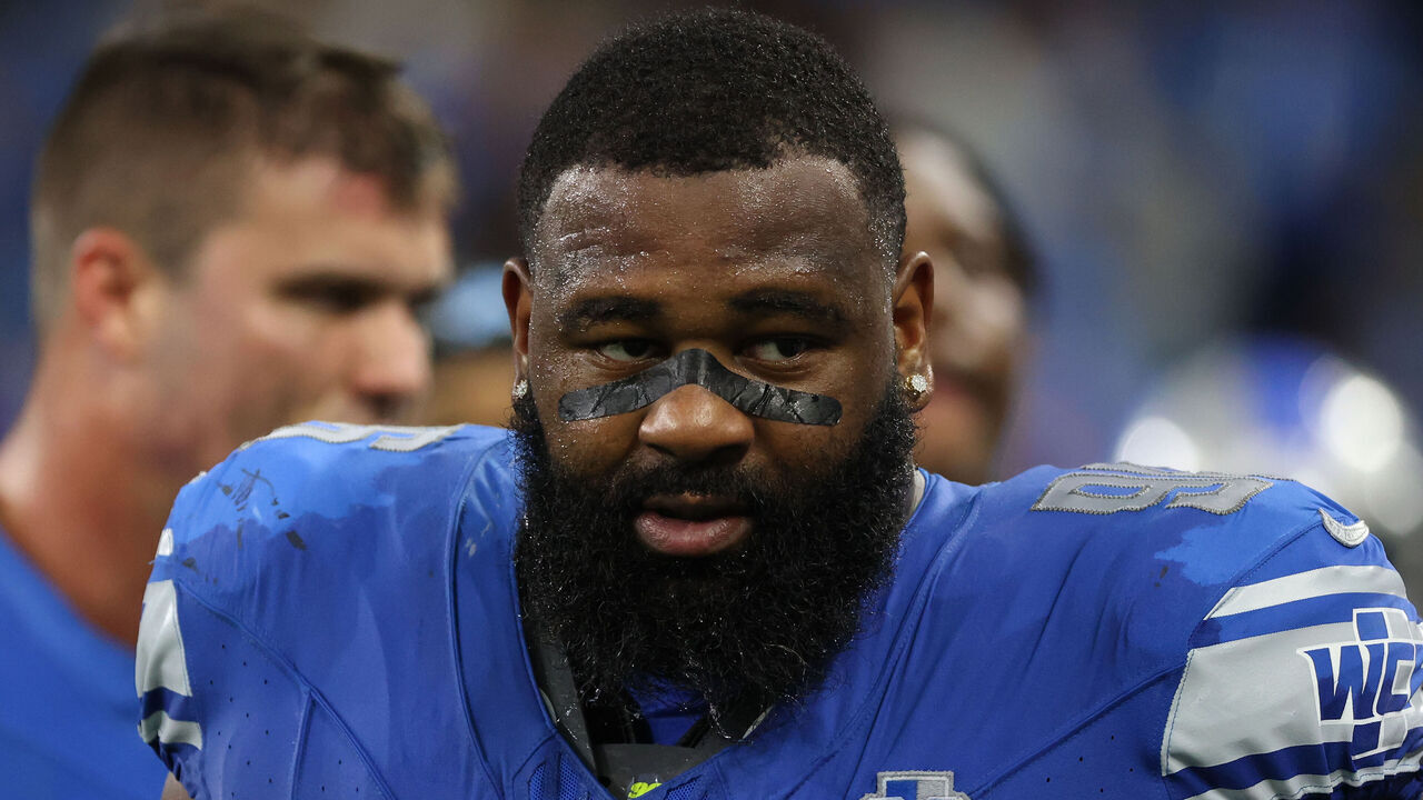 Detroit Lions defensive end Isaiah Buggs (96) walks off the field after the conclusion of an NFL football game against the Carolina Panthers in Detroit, Michigan USA, on Sunday, October 8, 2023