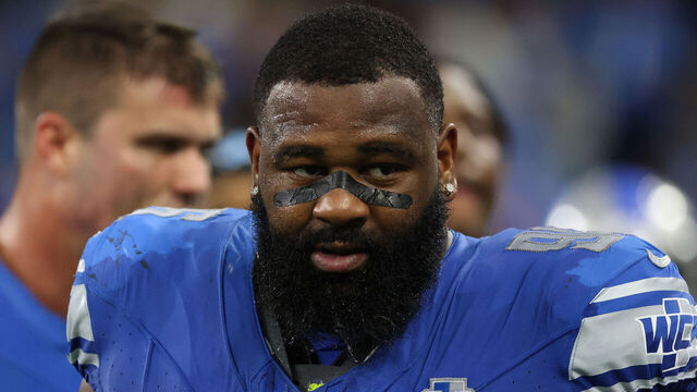 Detroit Lions defensive end Isaiah Buggs (96) walks off the field after the conclusion of an NFL football game against the Carolina Panthers in Detroit, Michigan USA, on Sunday, October 8, 2023