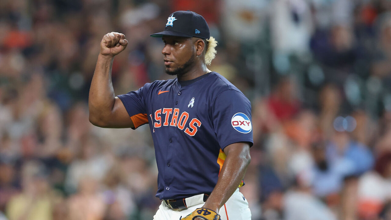 HOUSTON, TEXAS - JUNE 16: Ronel Blanco #56 of the Houston Astros reacts after the seventh inning against the Detroit Tigers at Minute Maid Park on June 16, 2024 in Houston, Texas.