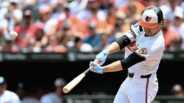 BALTIMORE, MARYLAND - JUNE 16: Gunnar Henderson #2 of the Baltimore Orioles hits a home run in the first inning against the Philadelphia Phillies at Oriole Park at Camden Yards on June 16, 2024 in Baltimore, Maryland.
