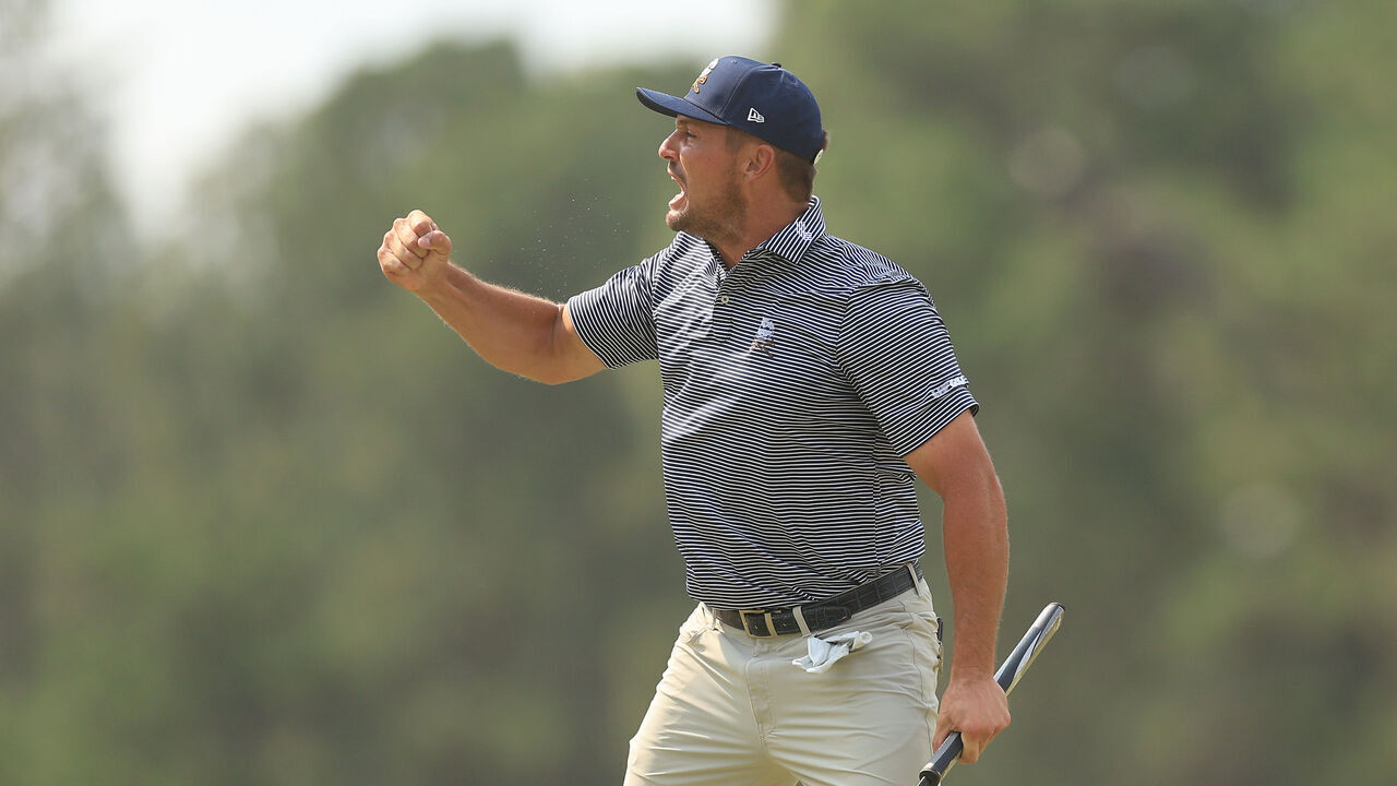 PINEHURST, NORTH CAROLINA - JUNE 16: Bryson DeChambeau of the United States reacts after making a par on the eighth hole during the final round of the 124th U.S. Open at Pinehurst Resort on June 16, 2024 in Pinehurst, North Carolina.