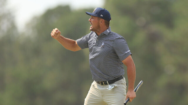 PINEHURST, NORTH CAROLINA - JUNE 16: Bryson DeChambeau of the United States reacts after making a par on the eighth hole during the final round of the 124th U.S. Open at Pinehurst Resort on June 16, 2024 in Pinehurst, North Carolina.
