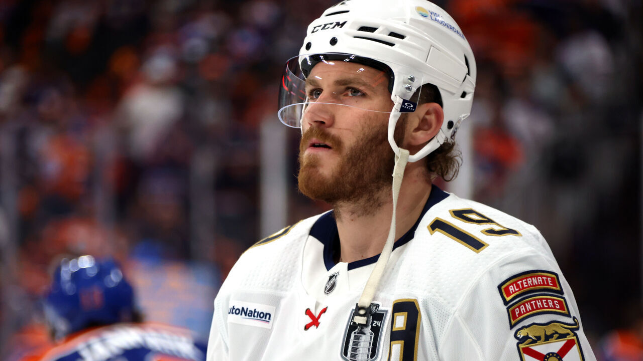 EDMONTON, ALBERTA - JUNE 15: Matthew Tkachuk #19 of the Florida Panthers looks on during warm-up before Game Four of the 2024 Stanley Cup Final between the Florida Panthers and the Edmonton Oilers at Rogers Place on June 15, 2024 in Edmonton, Alberta.