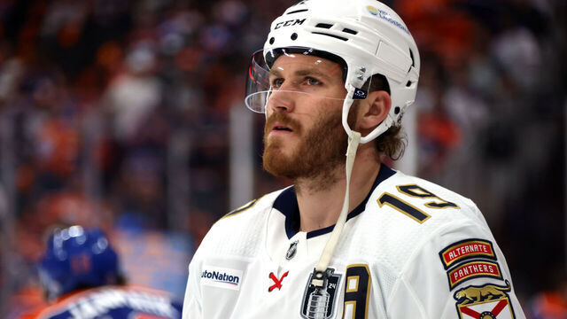 EDMONTON, ALBERTA - JUNE 15: Matthew Tkachuk #19 of the Florida Panthers looks on during warm-up before Game Four of the 2024 Stanley Cup Final between the Florida Panthers and the Edmonton Oilers at Rogers Place on June 15, 2024 in Edmonton, Alberta.