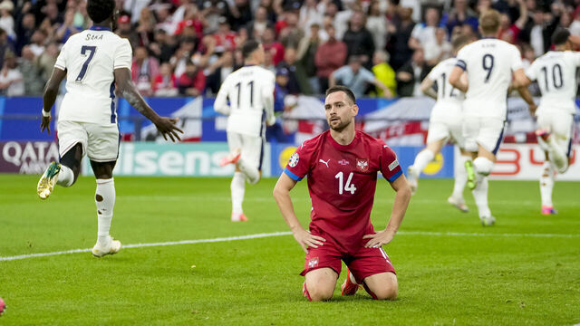 GELSENKIRCHEN, GERMANY - JUNE 16: Andrija ivkovic of Serbia looks dejected during the UEFA EURO 2024 group stage match between Serbia and England at Arena AufSchalke on June 16, 2024 in Gelsenkirchen, Germany.