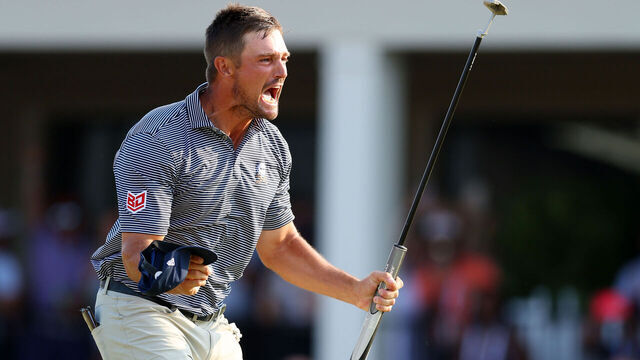 PINEHURST, NORTH CAROLINA - JUNE 16: Bryson DeChambeau of the United States celebrates his winning putt on the 18th green during the final round of the 124th U.S. Open at Pinehurst Resort on June 16, 2024 in Pinehurst, North Carolina.