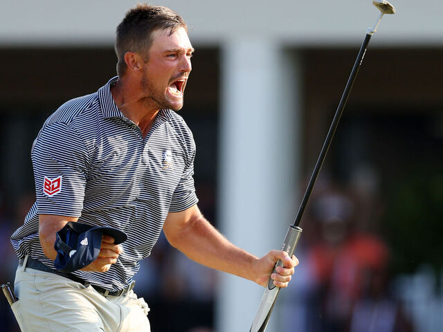 PINEHURST, NORTH CAROLINA - JUNE 16: Bryson DeChambeau of the United States celebrates his winning putt on the 18th green during the final round of the 124th U.S. Open at Pinehurst Resort on June 16, 2024 in Pinehurst, North Carolina.