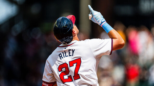 ATLANTA, GA - JUNE 16: Austin Riley #27 of the Atlanta Braves celebrates after hitting a a home run in the eighth inning against the Tampa Bay Rays at Truist Park on June 16, 2024 in Atlanta, Georgia.