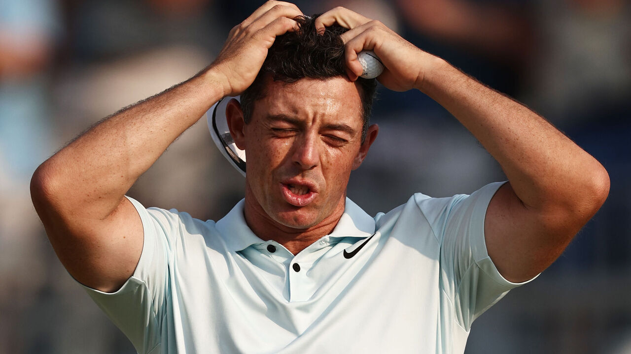 PINEHURST, NORTH CAROLINA - JUNE 16: Rory McIlroy of Northern Ireland reacts after finishing the 18th hole during the final round of the 124th U.S. Open at Pinehurst Resort on June 16, 2024 in Pinehurst, North Carolina.