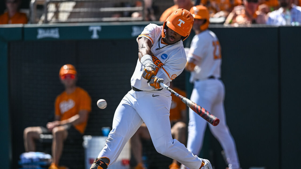 KNOXVILLE, TN - JUNE 07: Tennessee outfielder Kavares Tears (21) hits the ball during the NCAA Men's Baseball Super Regional game between the Tennessee Volunteers and the Evansville Aces on June 7, 2024, at Lindsey Nelson Stadium in Knoxville, TN.